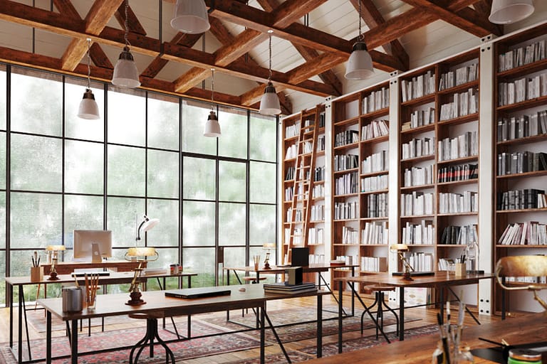 Rendering interni, libreria biblioteca con alti soffitti e vetrata, pavimento in legn