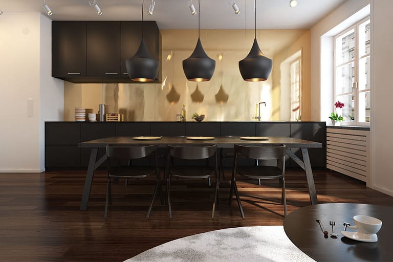 Rendering interni, cucina dallo stile moderno, con isola centrale e tavolo in legno di design colore scuro.