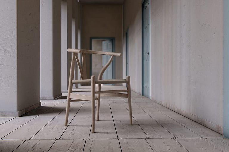 Rendering di interni, sedia di design ambientata in corridoio esterno