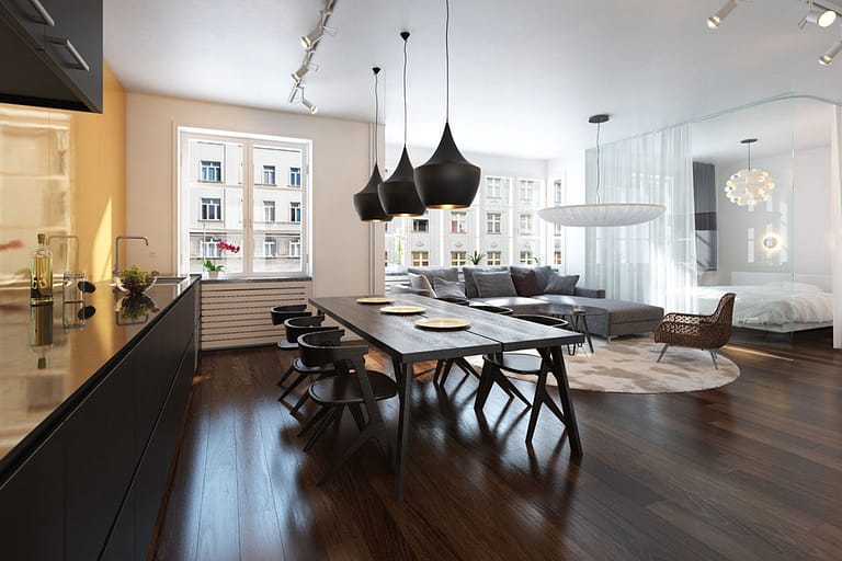 Rendering interni, open space appartamento classico con pavimento il parquet, cucina a vista tavolo da pranzo divano moderno grigio e baldacchino con letto.