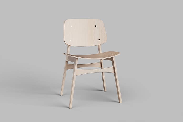 Rendering di prodotto, sedia di design fatta interamente di legno.