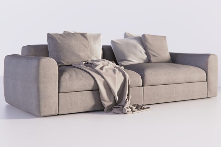 Rendering di prodotto, divano colore grigio con cuscini e coperta