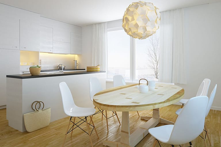 Rendering interni, cucina moderna bianca con tavolo centrale in legno massiccio e sedie di design