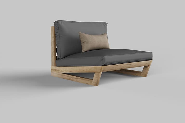 Rendering di prodotto, rendering di poltrona di design grigia molto bassa con cuscino gambe e seduta in legno.