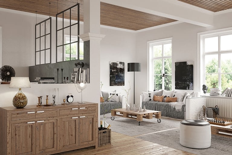 Rendering interni, soggiorno abitazione moderna con divano e mobili di design