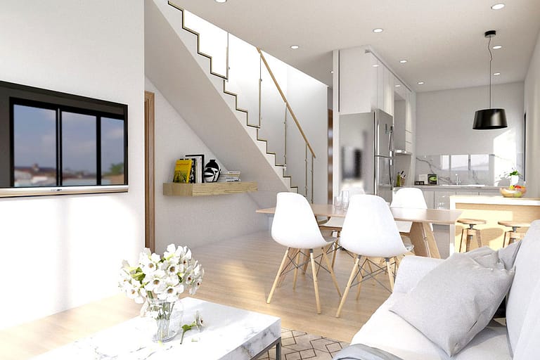 Rendering interni, open space appartamento su due piani sala soggiorno con cucina a vista e scale che portano al secondo piano.