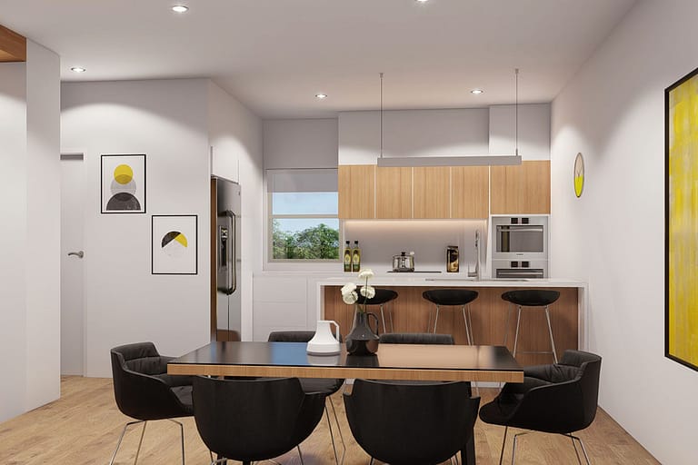 Rendering interni, miniappartamento con openspace con cucina a vista