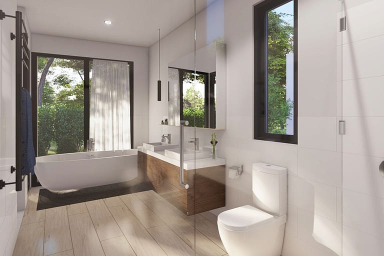 Rendering interni, bagno in stile moderno con vasca di design e mobili a sospensione